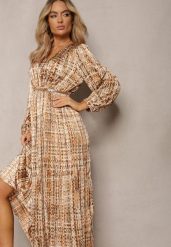 Beżowo-Brązowa Plisowana Sukienka Maxi Ozdobiona Wzorem w Tweedowym Stylu Juvioa. Brązowe sukienki damskie Renee, l, bez wzorów, z materiału, bez kołnierzyka, bez ramiączek, maxi. Za 139.99 zł.