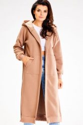 Niezapinana Długa Bluza z Kapturem - Beżowa. Brązowe bluzy damskie Awama, l, bez wzorów, z bawełny, bez ramiączek, z kapturem. Za 228.90 zł.