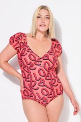 Damski Strój kąpielowy wzór z motywem Love miękkie miseczki bufiaste rękawy. Brązowe stroje kąpielowe damskie Ulla Popken, plus size, bez wzorów, z elastanu. Za 279.99 zł.