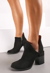 Czarne Botki na Geometrycznym Słupku i Wycięciem na Cholewce Zefiga. Czarne botki damskie Renee, bez wzorów, z jeansu, boho, za kostkę, bez obcasa, na obcasie, bez zapięcia. Za 49.99 zł.