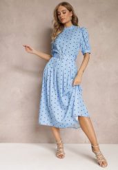 Niebieska Rozkloszowana Sukienka Midi z Gumką w Pasie i Ozdobnym Paskiem z Klamrą Abennita. Niebieskie sukienki damskie Renee, l, z aplikacjami, z materiału, eleganckie, bez kołnierzyka, bez ramiączek, maxi, rozkloszowane. Za 99.99 zł.