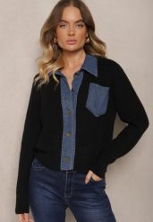 Czarny Rozpinany Kardigan z Wełną Bawełną i Jeansowymi Wstawkami Edelissa. Czarne kardigany damskie Renee, bez wzorów, z bawełny, eleganckie, bez kołnierzyka. Za 84.99 zł.