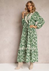 Zielona Sukienka Rozkloszowana Maxi z Falbanką Maruerilla. Zielone sukienki damskie Renee, na co dzień, l, bez wzorów, eleganckie, bez kołnierzyka, bez ramiączek, maxi, rozkloszowane. Za 119.99 zł.