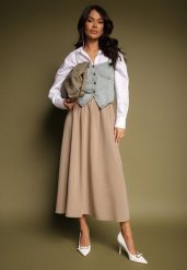 Beżowa Spódnica z Wiskozą o Rozkloszowanym Kroju Kenneira. Brązowe spódnice damskie Renee, na co dzień, m, bez wzorów, z jedwabiu, eleganckie, maxi, koszulowe. Za 79.99 zł.
