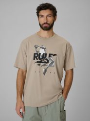 4F T-shirt loose z nadrukiem męski - beżowy S. Brązowe t-shirty męskie 4F, m, bez wzorów, z bawełny, bez kołnierzyka, bez ramiączek. Za 69.99 zł.