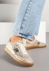Złote Wężowe Sneakersy Tenisówki w Kultowym Stylu Neolithaen. Żółte trampki i tenisówki damskie Renee, bez wzorów, z jeansu, bez zapięcia. Za 74.99 zł.