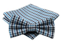Niebiesko-Granatowa Męska Mucha w Drobną Kratkę - ALTIES - z Taką Samą Poszetką. Niebieskie krawaty i muchy Alties, bez wzorów, eleganckie. Za 40.00 zł.