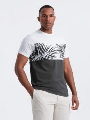 Męski t-shirt dwukolorowy z nadrukiem w liście palmy - grafitowy V2 - Rozmiar: XL. Szare t-shirty męskie Ombre Clothing, m, bez wzorów, z bawełny, bez kołnierzyka, bez ramiączek. W wyprzedaży za 38.50 zł.