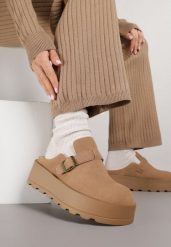 Beżowe Śniegowce na Grubej Podeszwie z Niską Cholewką i Ozdobną Klamerką Vetibela. Brązowe śniegowce damskie Renee, z jeansu, przed kostkę, bez zapięcia. Za 119.99 zł.