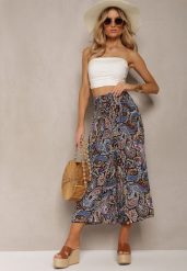 Czarno-Granatowe Spodnie Culottes z Bawełnianej Tkaniny Ozdobione Wzorem Paisley Gwinamas. Czarne spodnie materiałowe damskie Renee, bez wzorów, z bawełny, biznesowe. Za 39.99 zł.