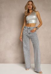 Szare Bawełniane Jeansy o Szerokim Fasonie High Waist z Cyrkoniami Melsedi. Szare jeansy damskie Renee, z aplikacjami, z bawełny, eleganckie, z podwyższonym stanem. Za 79.99 zł.