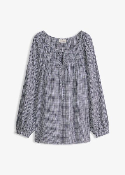 Bluzka w kratę z kory. Białe bluzki damskie bonprix, bez wzorów, bez kołnierzyka, bez ramiączek. Za 124.99 zł.