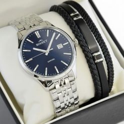 Zegarek Bisset Zestaw męski Szwajcarski zegarek BSDF38 szafirowe szkło gt + bransoletka. Niebieskie zegarki męskie Bisset, bez wzorów, szklane. Za 669.40 zł.