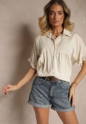 Jasnobeżowa Koszula z Wiskozą Ozdobiona Falbankami Oleldi. Brązowe koszule damskie Renee, bez wzorów, z jeansu, eleganckie, bez kołnierzyka, bez ramiączek. Za 79.99 zł.