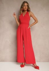 Czerwony Kombinezon o Taliowanym Kroju z Dekoltem Halter i Wiązanym Paskiem Malisena. Czerwone sukienki damskie Renee, na co dzień, l, bez wzorów, eleganckie, bez kołnierzyka, bez ramiączek. Za 99.99 zł.