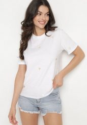 Biało-Beżowy T-shirt z Bawełny w Serca Kolavelle. Białe t-shirty damskie Born2be, l, bez wzorów, z bawełny, klasyczne, bez kołnierzyka, bez ramiączek. Za 59.99 zł.