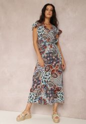 Niebieska Sukienka Hesena. Niebieskie sukienki damskie Renee, na imprezę, na lato, l, bez wzorów, z materiału, boho, bez kołnierzyka, bez ramiączek, midi, kopertowe. Za 34.99 zł.