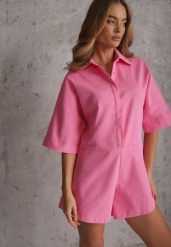 Różowy Krótki Kombinezon Bawełniany w Stylu Casual Arethanise. Czerwone sukienki damskie Renee, na co dzień, na lato, l, bez wzorów, z bawełny, casualowe, bez kołnierzyka, bez ramiączek, mini, oversize. Za 199.99 zł.
