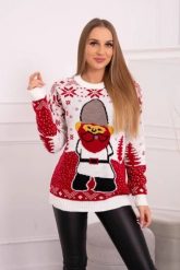 Sweter świąteczny z Mikołajem ecru. Swetry nierozpinane damskie KESI, l, bez wzorów, z wełny, wizytowe, bez kołnierzyka, plus size, bez ramiączek. Za 125.45 zł.