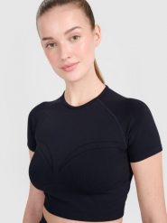 4F Crop-top treningowy slim bezszwowy damski - czarny XS/S. Czarne koszulki sportowe damskie 4F, s, bez wzorów, z dzianiny, bez ramiączek, do biegania. W wyprzedaży za 59.99 zł.