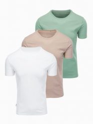 Zestaw męskich koszulek bawełnianych BASIC z okrągłym dekoltem – szarozielony/biały/beżowy V14 - Rozmiar: S. Szare t-shirty męskie Ombre Clothing, m, bez wzorów, z bawełny, bez kołnierzyka, bez ramiączek. Za 169.99 zł.