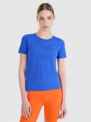 4F Koszulka do biegania w terenie regular damska - niebieska M/L. Niebieskie koszulki sportowe damskie 4F, l, bez wzorów, z dzianiny, bez ramiączek, do biegania. Za 59.99 zł.