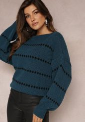 Granatowy Sweter z Szerokimi Bufiastymi Rękawami i Drobnym Wzorem Nigistis. Niebieskie swetry nierozpinane damskie Renee, z aplikacjami, z dzianiny, casualowe, bez kołnierzyka, bez ramiączek. Za 69.99 zł.