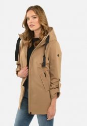 Prosty, krótki płaszcz J-TWIGGY. Brązowe płaszcze damskie Volcano, plus size, bez wzorów, z materiału, klasyczne, bez kołnierzyka, bez kaptura. Za 329.99 zł.