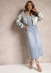 Jasnoniebieska Jeansowa Spódnica High Waist z Nitami Przy Kieszeniach Nellajoy. Niebieskie spódnice damskie Renee, na imprezę, m, bez wzorów, z jeansu, eleganckie, z podwyższonym stanem, midi, koszulowe. Za 89.99 zł.