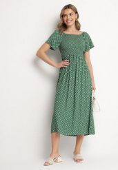 Zielona Sukienka z Bawełny o Rozkloszowanym Kroju w Kropeczki Lisadrisa. Zielone sukienki damskie Born2be, na co dzień, m, bez wzorów, z bawełny, eleganckie, bez kołnierzyka, bez ramiączek, midi, rozkloszowane. Za 49.99 zł.