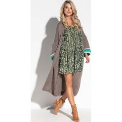 Mocca Płaszczowy Kardigan Oversize z Kolorowymi Paskami na Rękawach. Kardigany damskie Molly.pl, uniwersalny, z aplikacjami, z dzianiny, eleganckie, bez kołnierzyka. Za 269.90 zł.