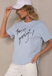 Jasnoniebieski T-shirt Zdobiony Napisem z Brokatem Tezilea. Niebieskie t-shirty damskie Renee, s, z aplikacjami, z jeansu, bez kołnierzyka, bez ramiączek. Za 29.99 zł.