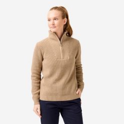 Sweter do golfa damski MW500. Brązowe swetry nierozpinane damskie INESIS, xl, bez wzorów, z bawełny, eleganckie, bez kołnierzyka, bez ramiączek. Za 159.99 zł.