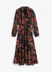 Sukienka szyfonowa. Czarne sukienki damskie bonprix, bez wzorów, z szyfonu, eleganckie, bez kołnierzyka, bez ramiączek. Za 169.99 zł.