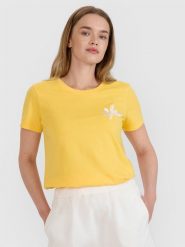 4F T-shirt regular z nadrukiem damski - żółty XL. Żółte t-shirty damskie 4F, xl, z aplikacjami, z bawełny, eleganckie, bez kołnierzyka, bez ramiączek. W wyprzedaży za 39.99 zł.