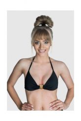 MOSCHINO SWIM Góra od bikini złote metalowe logo. Czarne bikini MOSCHINO, s, bez wzorów, z poliamidu. W wyprzedaży za 269.99 zł.