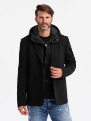 Marynarka męska z podpinką z wysokim kołnierzem i kapturem – czarna V2 OM-BLZB-0133 - XXL. Niebieskie garnitury męskie Ombre Clothing, l, z aplikacjami, z dzianiny, eleganckie. Za 251.99 zł.