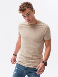 T-shirt męski bawełniany BASIC - piaskowy V11 - Rozmiar: XXL. Szare t-shirty męskie Ombre Clothing, m, bez wzorów, z bawełny, bez kołnierzyka, bez ramiączek. W wyprzedaży za 19.99 zł.