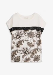 Koszulka oversize z koronkową tasiemką. Białe bluzki damskie bonprix, bez wzorów, z koronki, eleganckie, bez kołnierzyka, bez ramiączek. Za 32.99 zł.