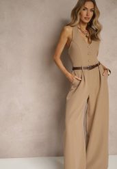 Ciemnobeżowy Taliowany Kombinezon z Guzikami Nilaviella. Brązowe sukienki damskie Renee, m, bez wzorów, eleganckie, bez kołnierzyka, bez ramiączek. Za 119.99 zł.