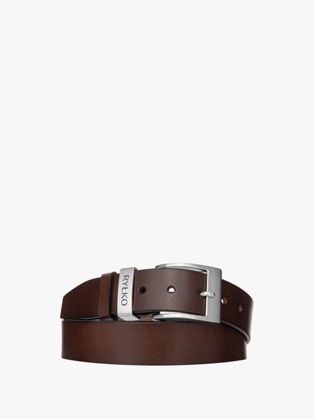 Ciemnobrązowy pasek męski z logotypem na klamrze. Brązowe paski męskie Ryłko, ze skóry. Za 129.99 zł.