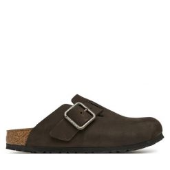 Klapki Birkenstock. Brązowe klapki damskie Birkenstock, bez wzorów, bez obcasa, bez zapięcia. Za 779.99 zł.