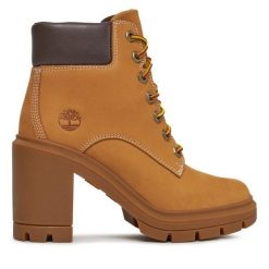 Trzewiki Timberland. Brązowe botki damskie Timberland, bez wzorów, bez obcasa, na słupku, bez zapięcia. Za 519.99 zł.