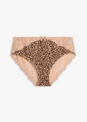 Figi maxi w panterkę. Brązowe majtki damskie bonprix, z koronki. Za 49.99 zł.