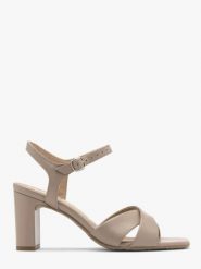 Beżowe sandały na obcasie. Brązowe sandały damskie Ryłko, bez wzorów, ze skóry, bez obcasa, na obcasie, bez zapięcia. W wyprzedaży za 199.99 zł.