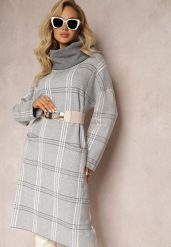 Szara Sweterkowa Sukienka Oversize z Szerokim Golfem Arnca. Szare sukienki damskie Renee, na zimę, l, bez wzorów, z dzianiny, bez kołnierzyka, bez ramiączek, midi, oversize. Za 129.99 zł.