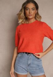 Pomarańczowy Sweter z Wełną Krótkim Rękawem Ozdobiony Ściągaczami Emiralin. Brązowe swetry nierozpinane damskie Renee, uniwersalny, bez wzorów, z jeansu, casualowe, bez kołnierzyka, bez ramiączek. Za 99.99 zł.