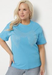 Niebieski T-shirt ze Wzorem z Cyrkonii Olisellea. Niebieskie t-shirty damskie Born2be, xl, bez wzorów, z bawełny, bez kołnierzyka, bez ramiączek. Za 44.99 zł.