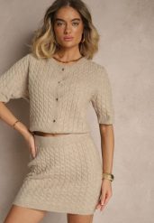 Beżowa Spódnica Sweterkowa z Wełną High Waist Selzeki. Brązowe spódnice damskie Renee, do pracy, bez wzorów, z wełny, biznesowe, z podwyższonym stanem, mini, koszulowe. Za 99.99 zł.