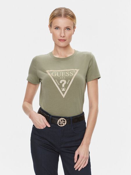 Guess T-Shirt W4RI69 J1314 Zielony Regular Fit. Zielone t-shirty damskie Guess, l, z aplikacjami, z bawełny, bez kołnierzyka, bez ramiączek. Za 119.99 zł.